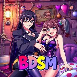 A colorful anime-style movie poster titled 'BDSM', illustrating a whimsical yet intriguing BDSM dungeon scene