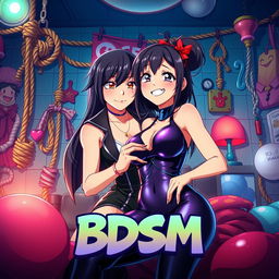 A colorful anime-style movie poster titled 'BDSM', illustrating a whimsical yet intriguing BDSM dungeon scene