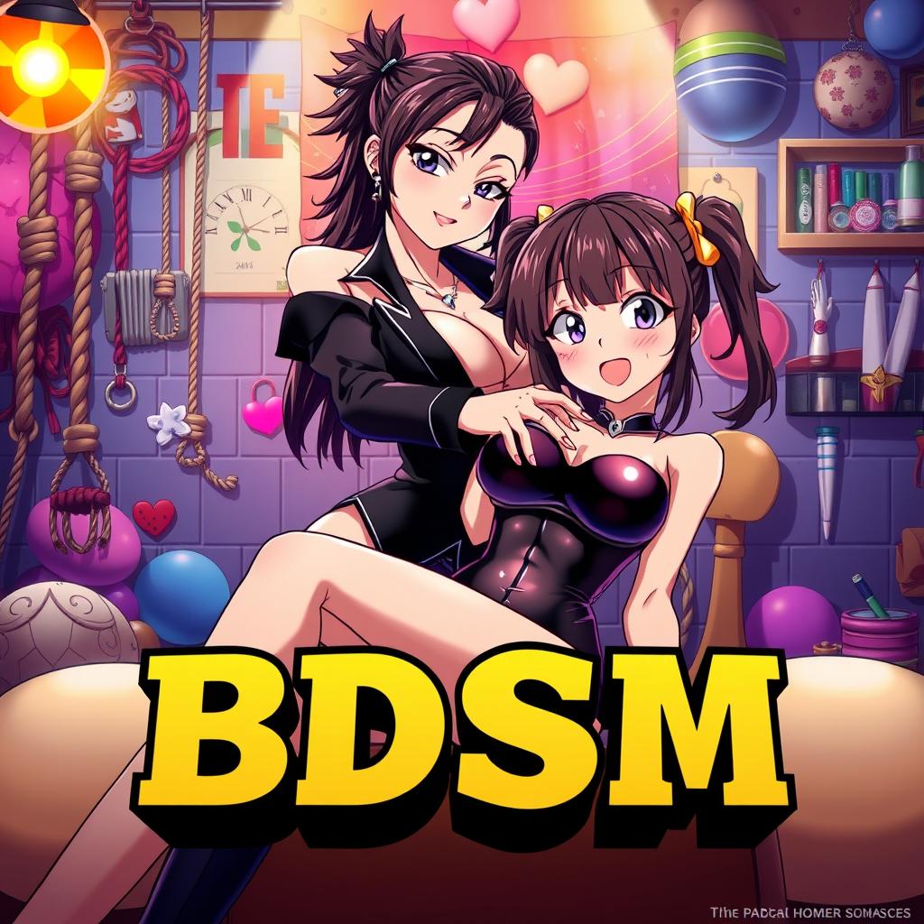 A colorful anime-style movie poster titled 'BDSM', illustrating a whimsical yet intriguing BDSM dungeon scene