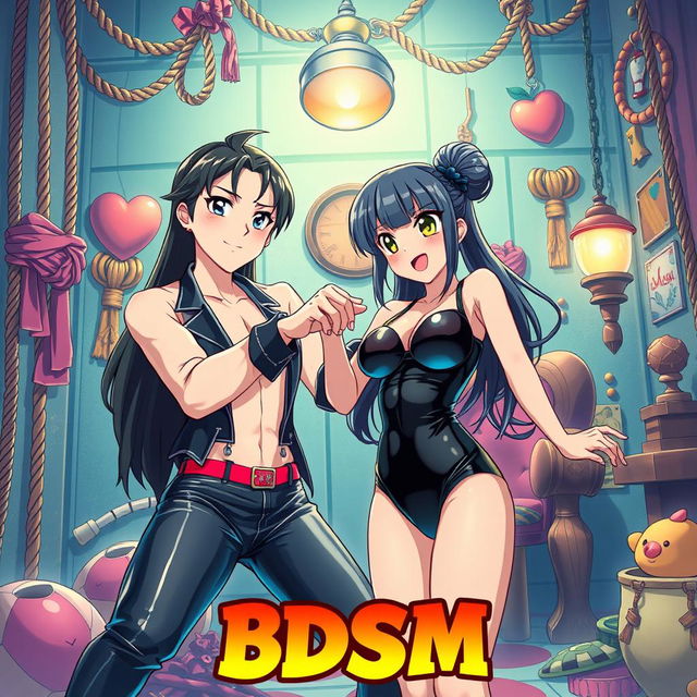 A colorful anime-style movie poster titled 'BDSM', illustrating a whimsical yet intriguing BDSM dungeon scene