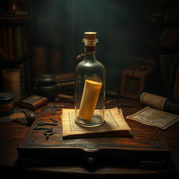 A captivating book cover set in a mysterious, dimly lit room brimming with vintage artifacts and intriguing shadows