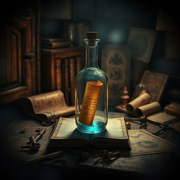 A captivating book cover set in a mysterious, dimly lit room brimming with vintage artifacts and intriguing shadows