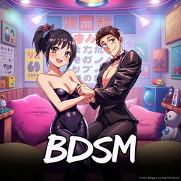 A vibrant anime-style movie poster titled 'BDSM', featuring a BDSM dungeon setting