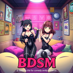 A vibrant anime-style movie poster titled 'BDSM', featuring a BDSM dungeon setting