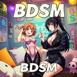 A vibrant anime-style movie poster titled 'BDSM', featuring a BDSM dungeon setting