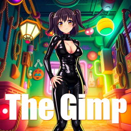 A striking anime-style movie poster featuring 'The Gimp', showcasing a girl in a shiny black latex gimp suit