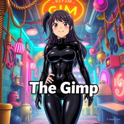A striking anime-style movie poster featuring 'The Gimp', showcasing a girl in a shiny black latex gimp suit