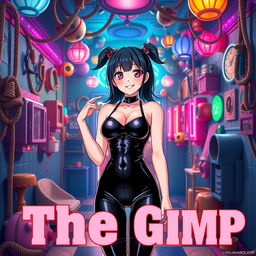 A striking anime-style movie poster featuring 'The Gimp', showcasing a girl in a shiny black latex gimp suit