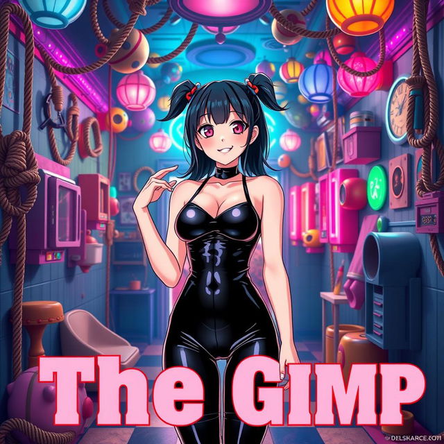 A striking anime-style movie poster featuring 'The Gimp', showcasing a girl in a shiny black latex gimp suit