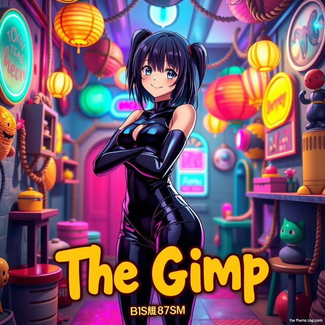 A captivating anime-style movie poster titled 'The Gimp', featuring a girl in a shiny black latex gimp suit