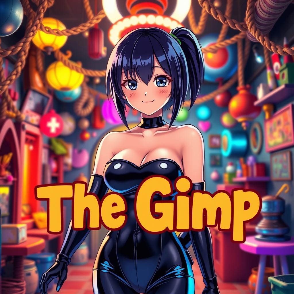 A captivating anime-style movie poster titled 'The Gimp', featuring a girl in a shiny black latex gimp suit