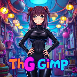 A captivating anime-style movie poster titled 'The Gimp', featuring a girl in a shiny black latex gimp suit