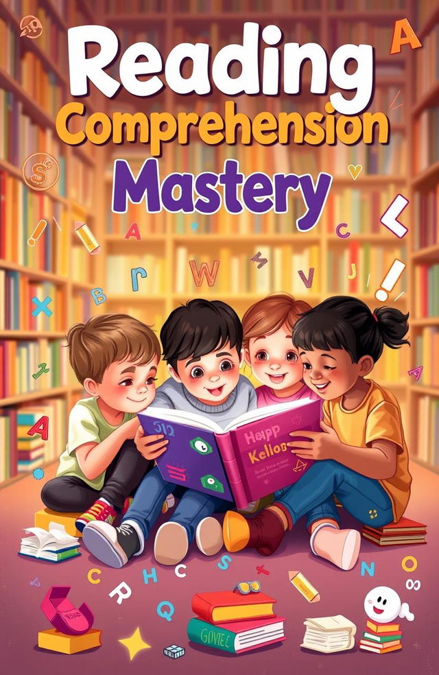 A visually engaging reading comprehension textbook cover design, showcasing a diverse group of children sitting together, deeply focused on a colorful book