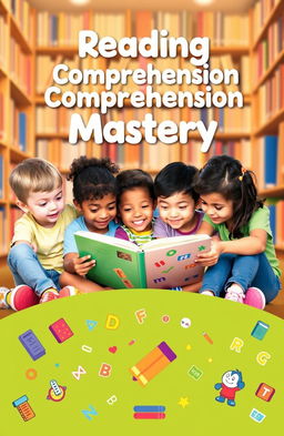 A visually engaging reading comprehension textbook cover design, showcasing a diverse group of children sitting together, deeply focused on a colorful book