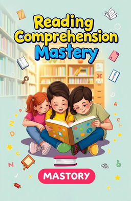 A visually engaging reading comprehension textbook cover design, showcasing a diverse group of children sitting together, deeply focused on a colorful book