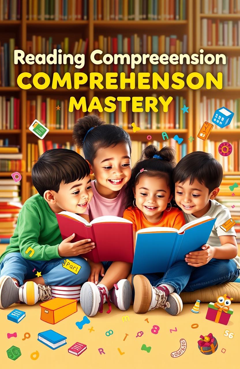 A visually engaging reading comprehension textbook cover design, showcasing a diverse group of children sitting together, deeply focused on a colorful book