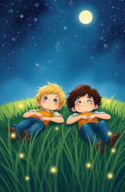 A book cover illustration featuring two boys lying on the grass of a meadow, looking up at the starry sky