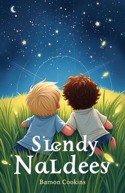 A book cover illustration featuring two boys lying on the grass of a meadow, looking up at the starry sky