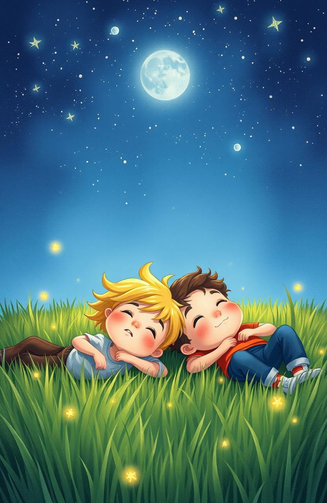 A book cover illustration featuring two boys lying on the grass of a meadow, looking up at the starry sky