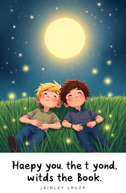 A book cover illustration featuring two boys lying on the grass of a meadow, looking up at the starry sky
