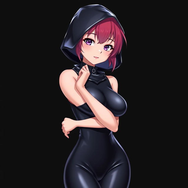 An anime girl wearing a sleek, form-fitting latex catsuit that accentuates her curves