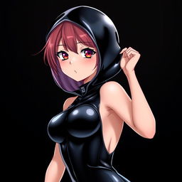 An anime girl wearing a sleek, form-fitting latex catsuit that accentuates her curves