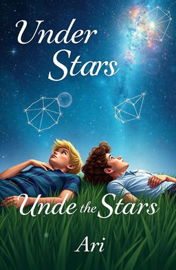 A beautiful book cover design showcasing two 16-year-old boys lying on the grass of a meadow, gazing up at a stunning starry sky