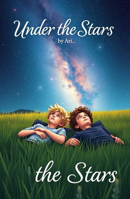 A beautiful book cover design showcasing two 16-year-old boys lying on the grass of a meadow, gazing up at a stunning starry sky