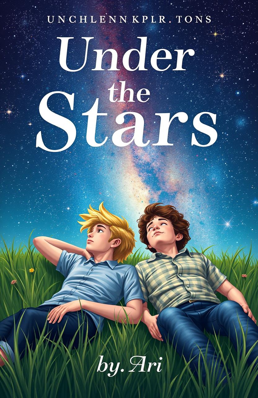 A beautiful book cover design showcasing two 16-year-old boys lying on the grass of a meadow, gazing up at a stunning starry sky