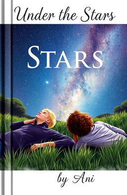 A beautiful book cover design showcasing two 16-year-old boys lying on the grass of a meadow, gazing up at a stunning starry sky