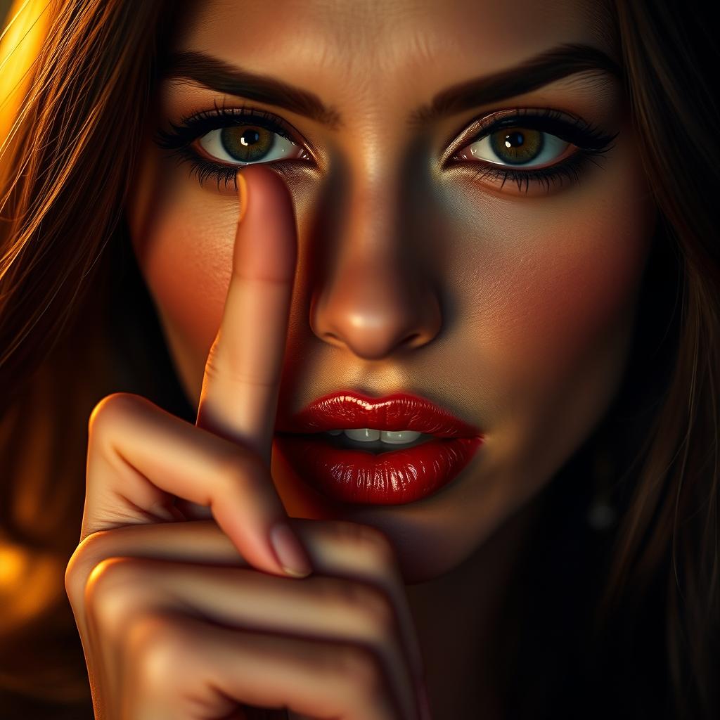 A captivating close-up portrait of an erotic woman with only her sensual face visible, making a gesture of silence