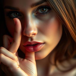 A captivating close-up portrait of an erotic woman with only her sensual face visible, making a gesture of silence