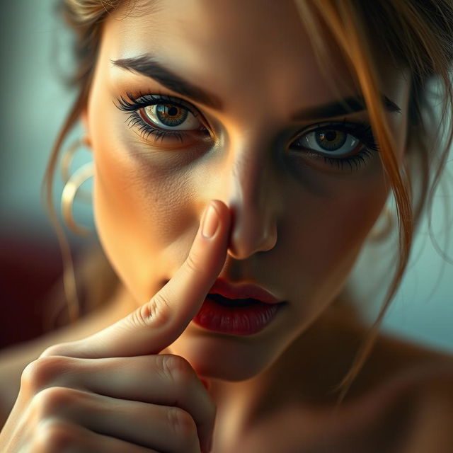 A captivating close-up portrait of an erotic woman with only her sensual face visible, making a gesture of silence