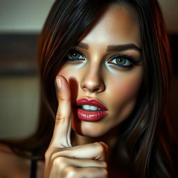 A captivating close-up portrait of an erotic woman with only her sensual face visible, making a gesture of silence