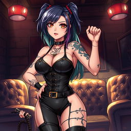 An anime-style illustration of a powerful dominatrix character, dressed in a stylish and seductive outfit that emphasizes her confidence and allure