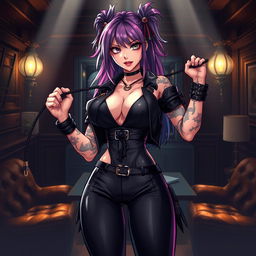 An anime-style illustration of a powerful dominatrix character, dressed in a stylish and seductive outfit that emphasizes her confidence and allure