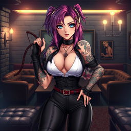 An anime-style illustration of a powerful dominatrix character, dressed in a stylish and seductive outfit that emphasizes her confidence and allure