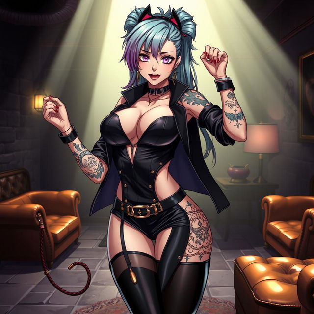 An anime-style illustration of a powerful dominatrix character, dressed in a stylish and seductive outfit that emphasizes her confidence and allure