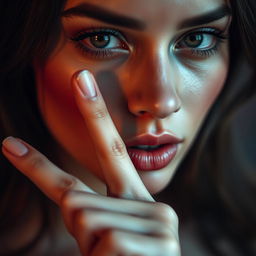 A mesmerizing close-up portrait of a sensual erotic woman, showing only her face as she makes a gesture to indicate silence