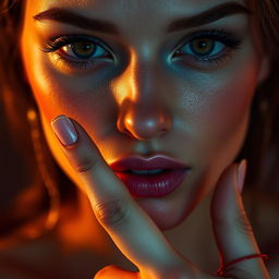 A mesmerizing close-up portrait of a sensual erotic woman, showing only her face as she makes a gesture to indicate silence