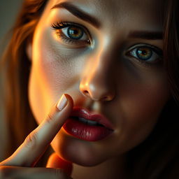 A mesmerizing close-up portrait of a sensual erotic woman, showing only her face as she makes a gesture to indicate silence