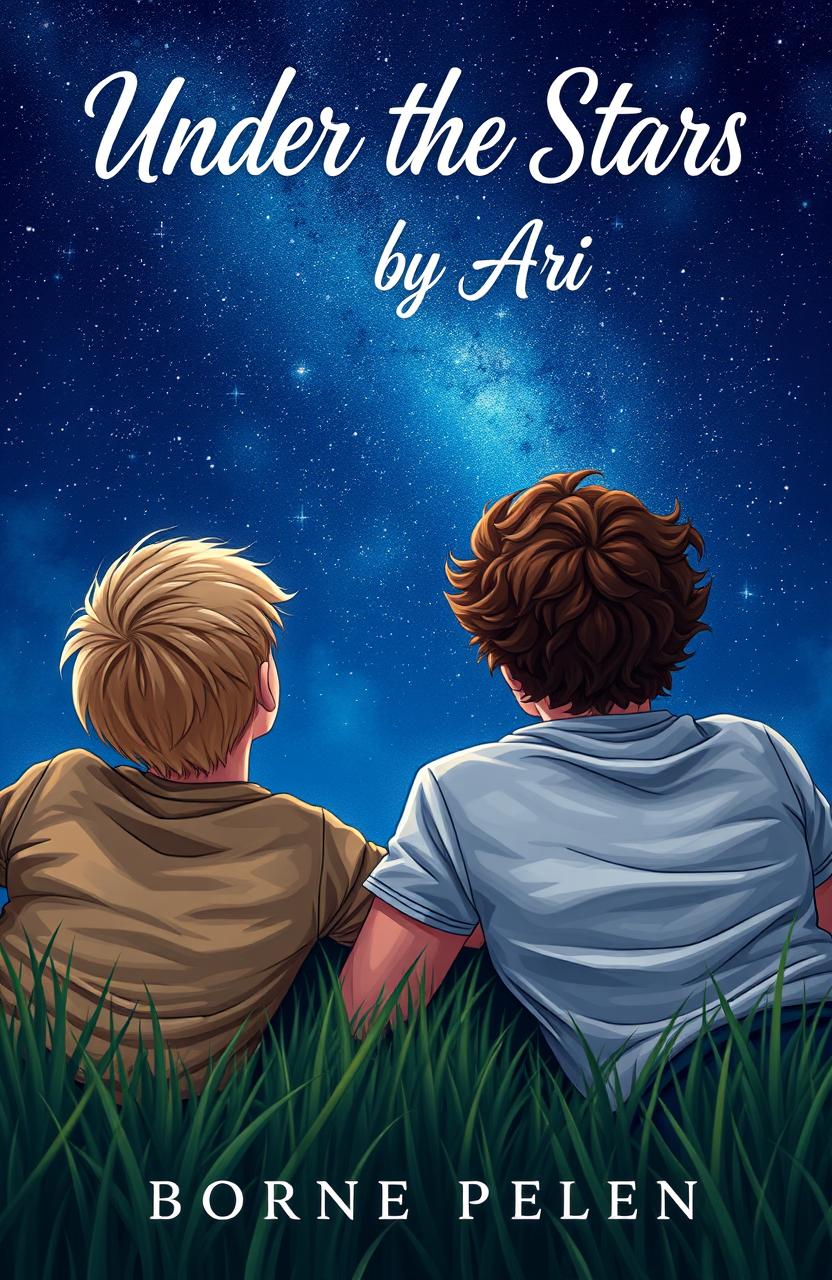 A captivating book cover featuring two 16-year-old boys lying on the grass of a meadow, their backs turned towards the viewer