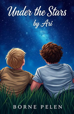 A captivating book cover featuring two 16-year-old boys lying on the grass of a meadow, their backs turned towards the viewer