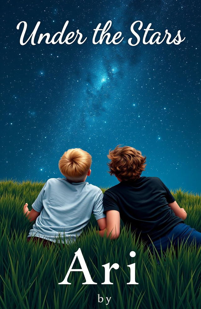 A captivating book cover featuring two 16-year-old boys lying on the grass of a meadow, their backs turned towards the viewer