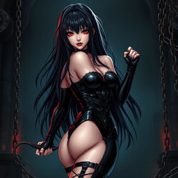 A striking anime-style latex dominatrix, dressed in a form-fitting black latex outfit with intricate details and a high-gloss finish