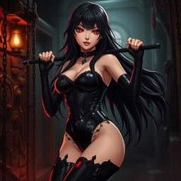 A striking anime-style latex dominatrix, dressed in a form-fitting black latex outfit with intricate details and a high-gloss finish