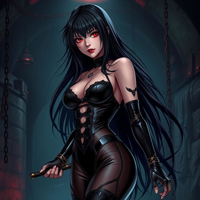 A striking anime-style latex dominatrix, dressed in a form-fitting black latex outfit with intricate details and a high-gloss finish