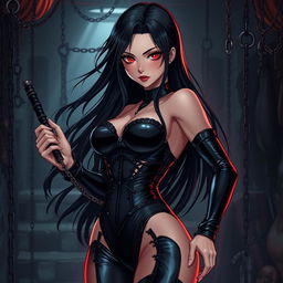 A striking anime-style latex dominatrix, dressed in a form-fitting black latex outfit with intricate details and a high-gloss finish