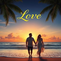 A romantic movie poster showcasing a beautiful sunset over a serene beach