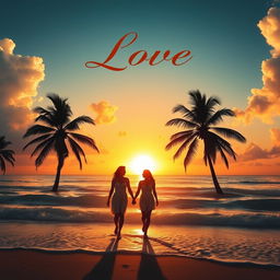 A romantic movie poster showcasing a beautiful sunset over a serene beach